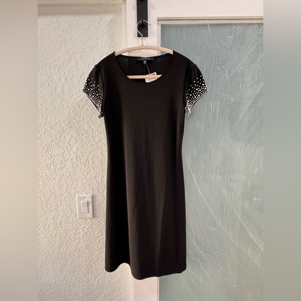Tahari Black Dress with Embellished Sleeves